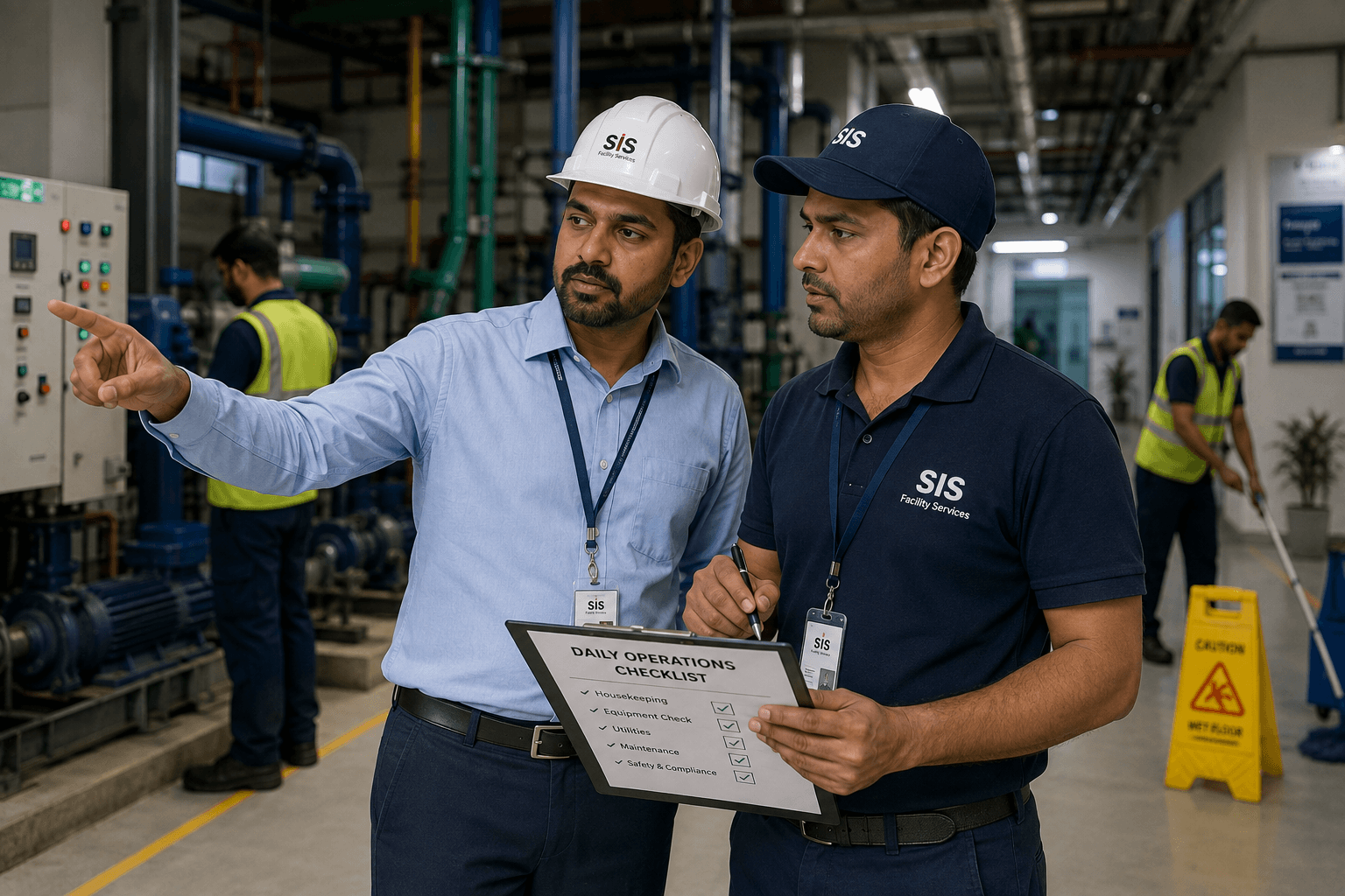 Site manager discussing a checklist on a clipboard